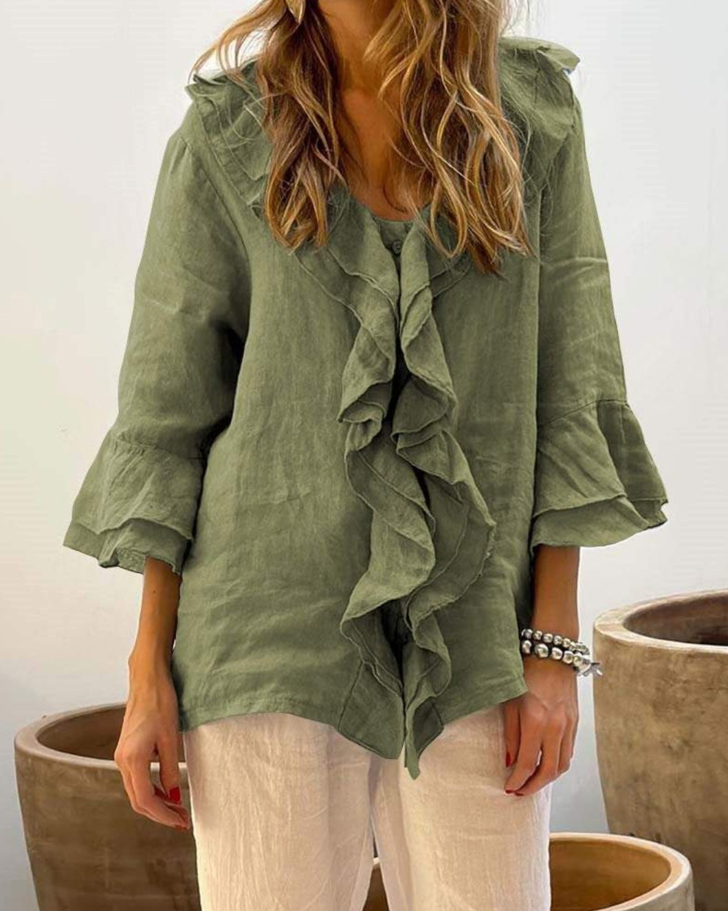 Ruffled Detail V Neck Three Quarter Sleeve Solid Color Blouse