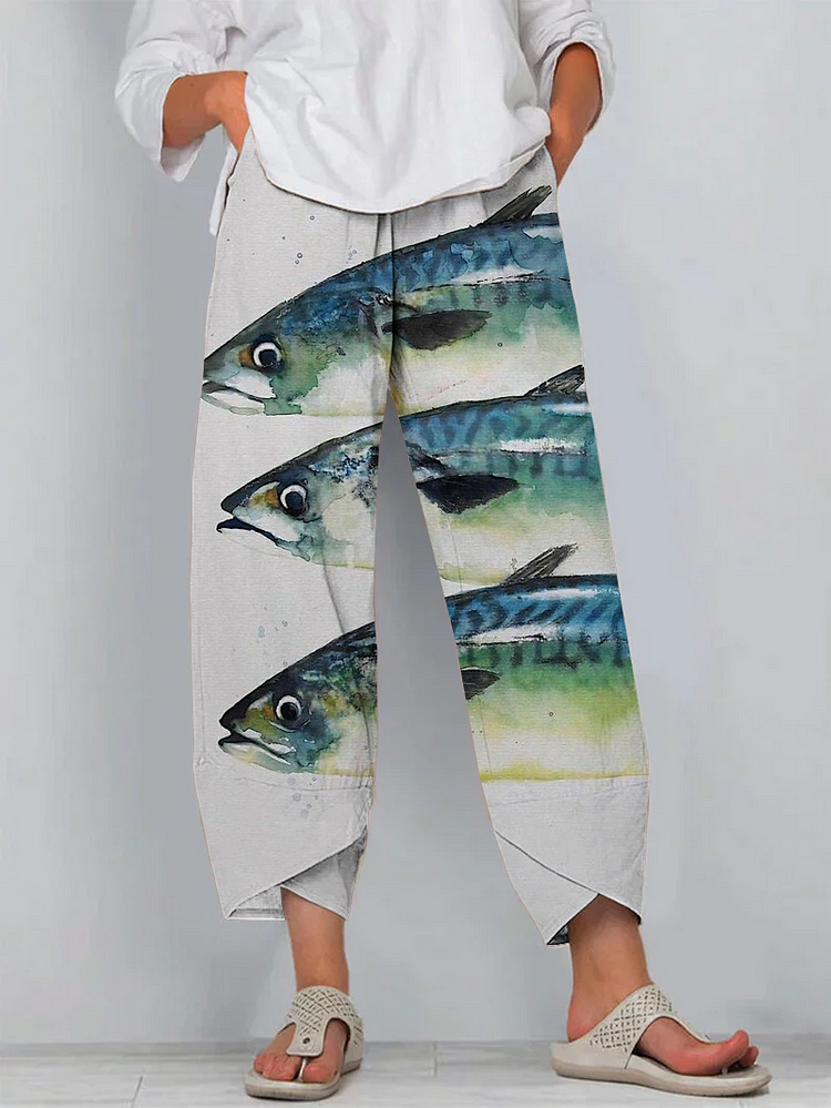 Japanese Fish Art Print Cropped Pants