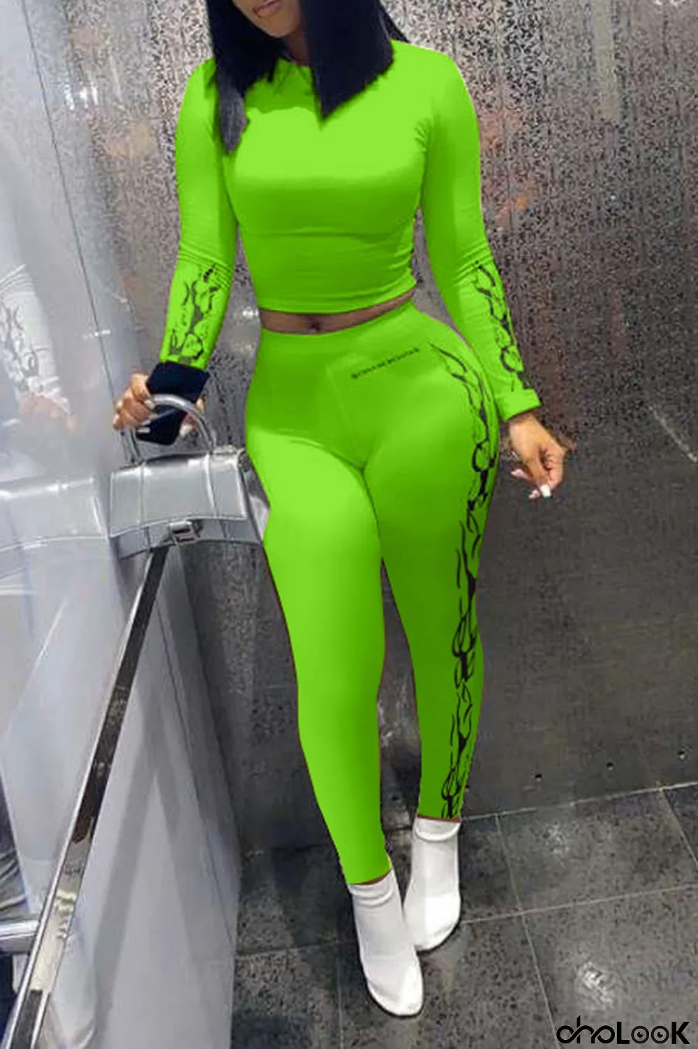 Fluorescent green Polyester Street Print Solid pencil Long Sleeve Two Pieces