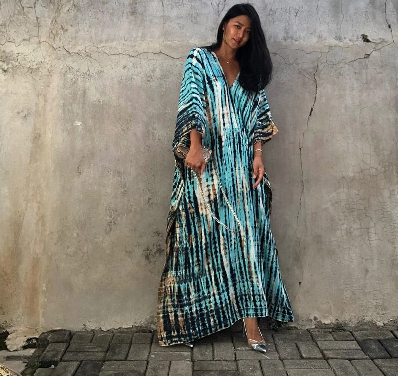 Fitshinling Halo Dyeing Vintage Beach Long Dress Women V Neck Oversize Robe Side Split Loose Kaftan Holiday Boho Maxi Dresses