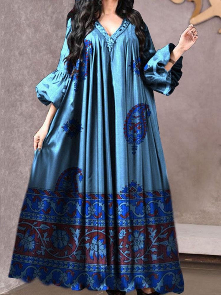 V neck bubble sleeve printed blue silk maxi dress فساتين
