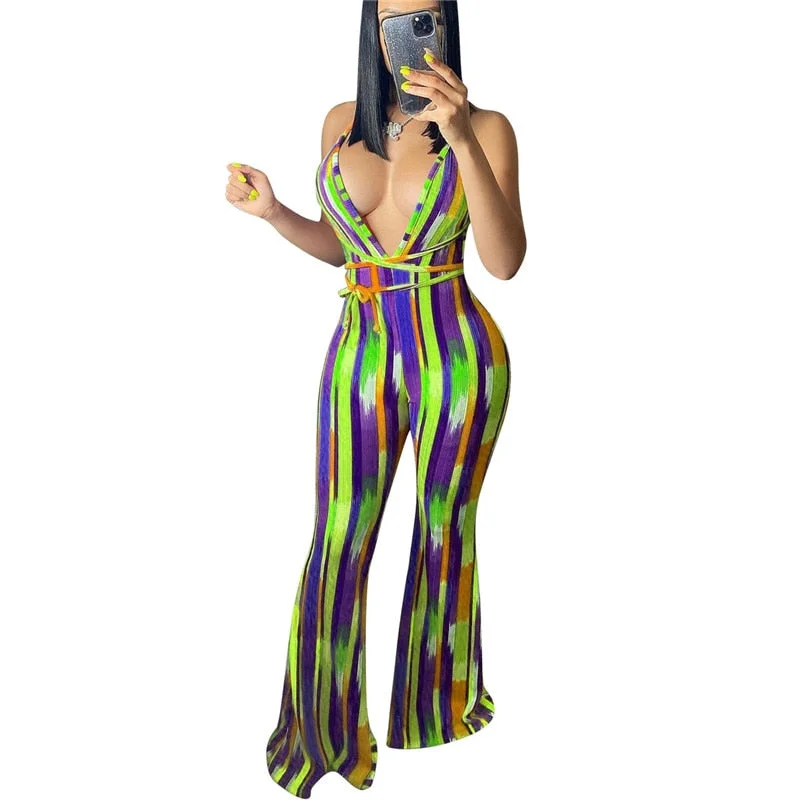 ANJAMANOR Halter Backless Striped Jumpsuit Womens Summer Clothing 2021 African Flare Pants Suits Sexy Club Outfits D89-CC36