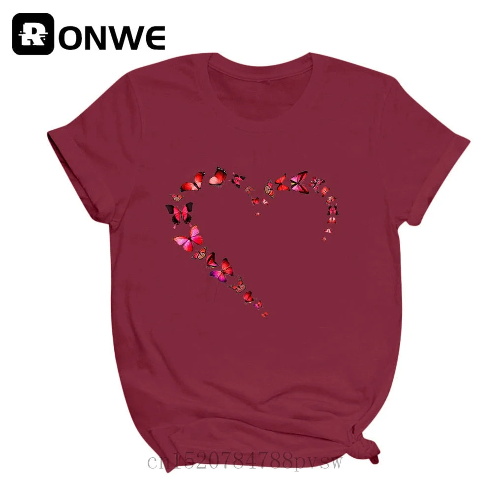 Women Butterfly Love Heart Fashion 90s Black T-shirt Girl Harajuku 90S White Clothes Female Graphic Top Tee,Drop Ship