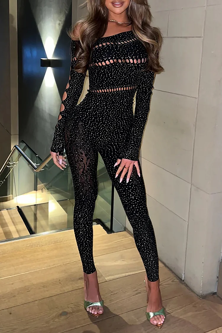 Off Shoulder Cutout Long Sleeve Glittering Slim Fit Jumpsuit-Black