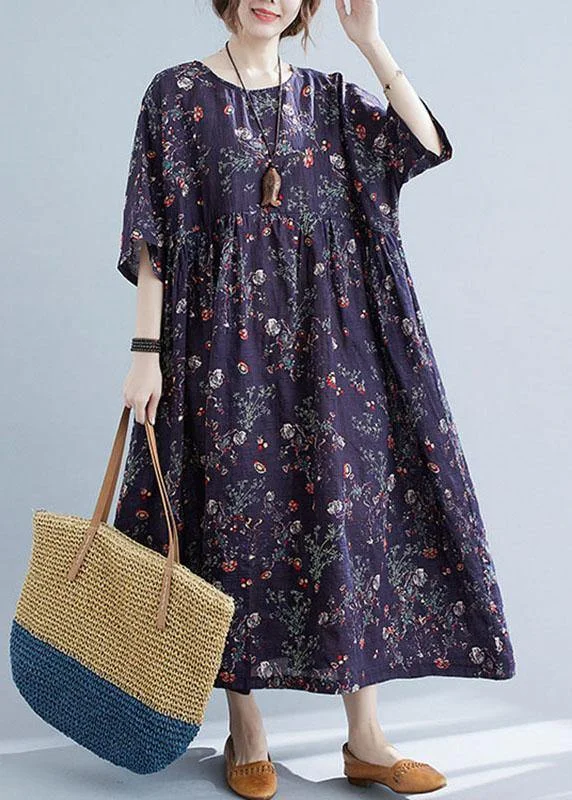 French Navy Print Pockets Loose Summer Half Sleeve Long Dress