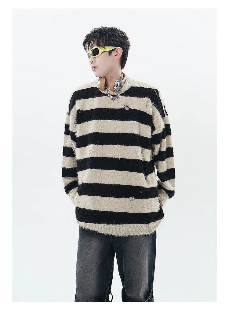 Irregular Plush Hollow Striped Knitted Sweater