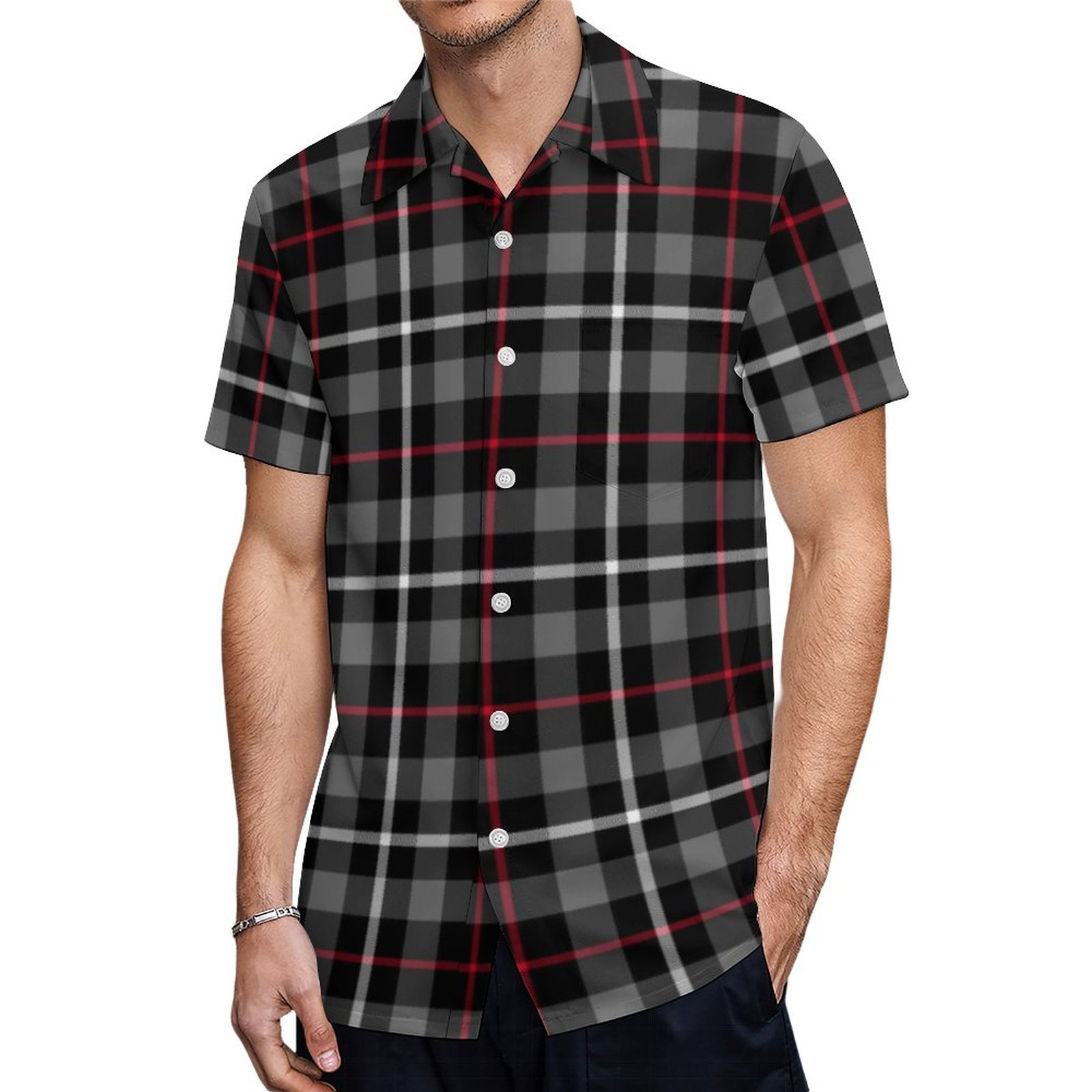 Grey Black And Red Tartan Plaid Hawaiian Shirt Mens Button Down Plus Size Tropical Hawaii Beach Shirts