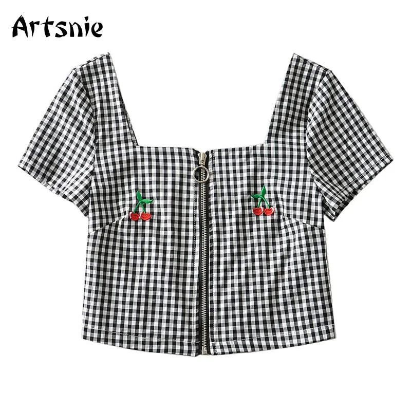 Artsnie Vintage Plaid Embroidery Shirt Women Summer 2021 Square Collar Puff Sleeve Crop Tops Streetwear Sexy Ladies Shirt Blouse