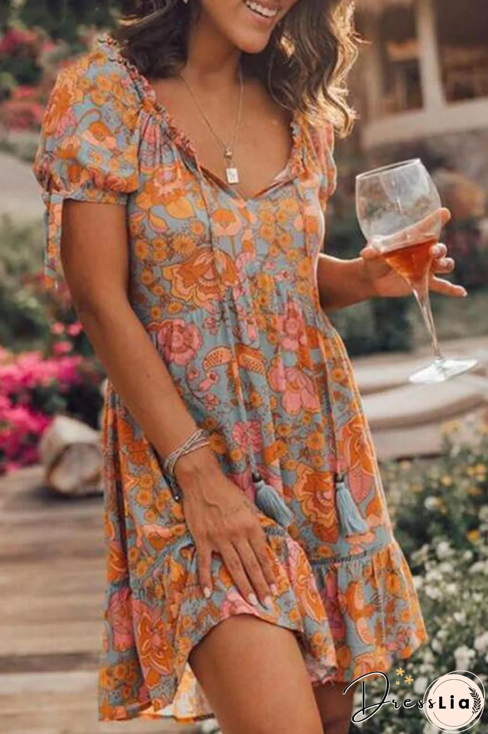 Casual Print Patchwork V Neck Cake Skirt Dresses