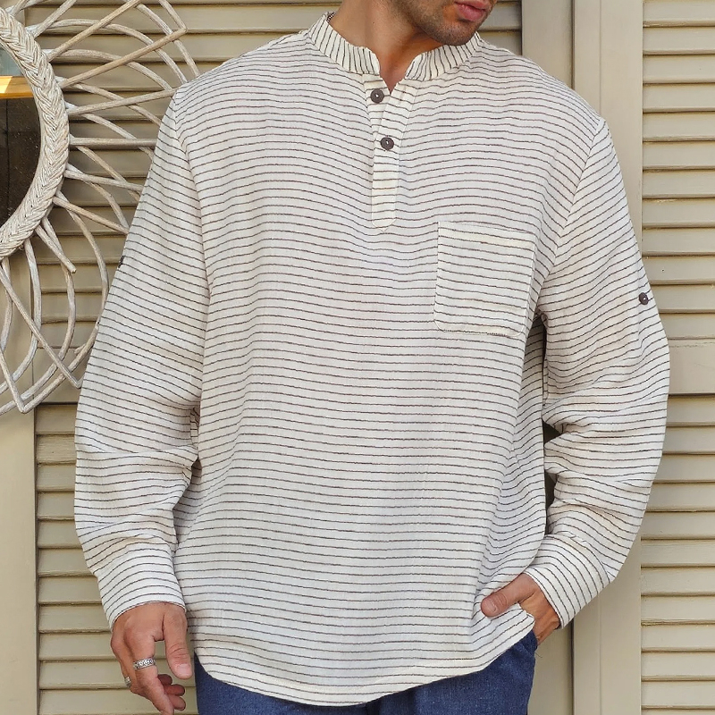 Men's Striped Cotton Linen Stand Collar Henley Shirt