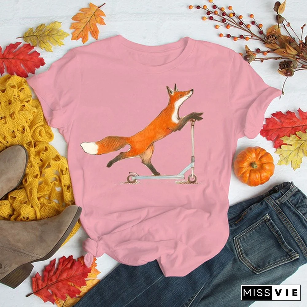 Cute Fox T-shirts For Women Summer Lovely Short Sleeve Casual T-shirts Funny Ladies Round Neck Tops