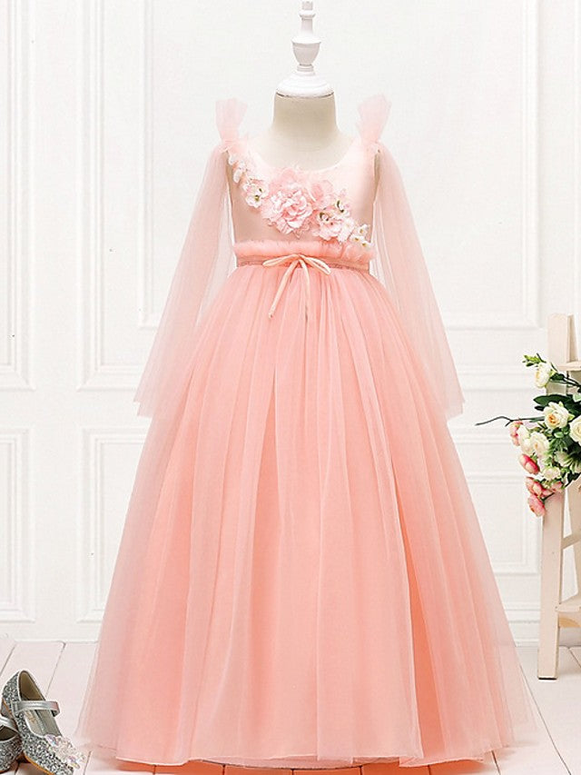 Half Sleeve Jewel Neck Knee Length Flower Girl Dress With Appliques