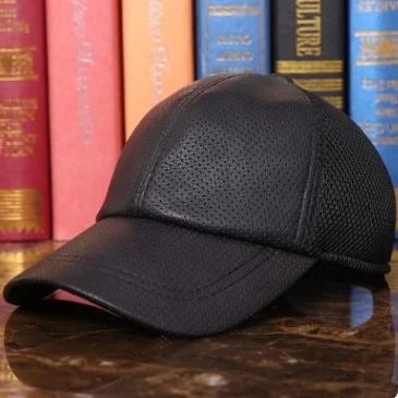XdanqinX Mens Genuine Leather Hat Spring Summer Eyelet Ventilation Baseball Caps Adjustable Size Sheepskin Leather Tongue Cap