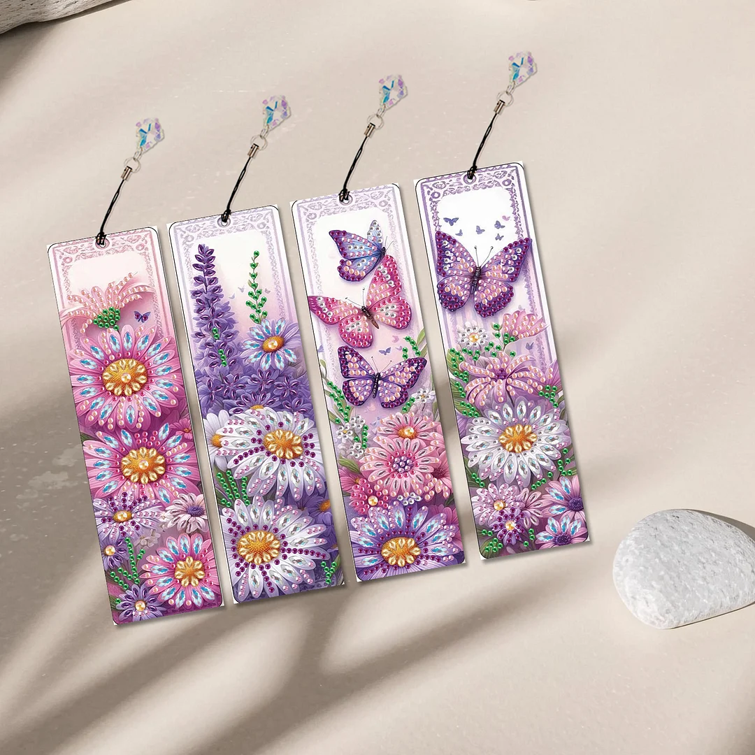 4Pcs Daisy and Butterfly DIY Diamond Bookmark Art Projects Irregular Shaped Diamonds Diamond Painting Art Bookmarks with Crystal Pendants for DIY Making Beginners Adult Art Craft Supplies