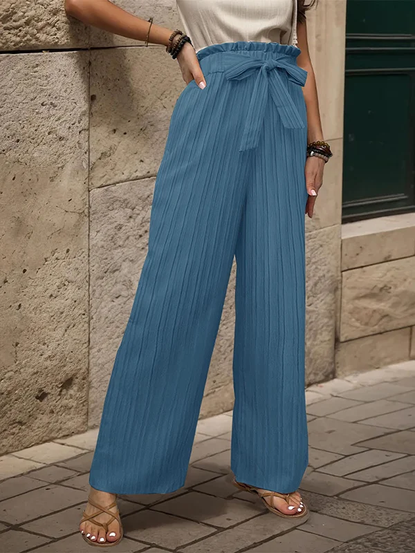 Elasticity Pleated Solid Color Tied Waist High Waisted Loose Trousers Pants