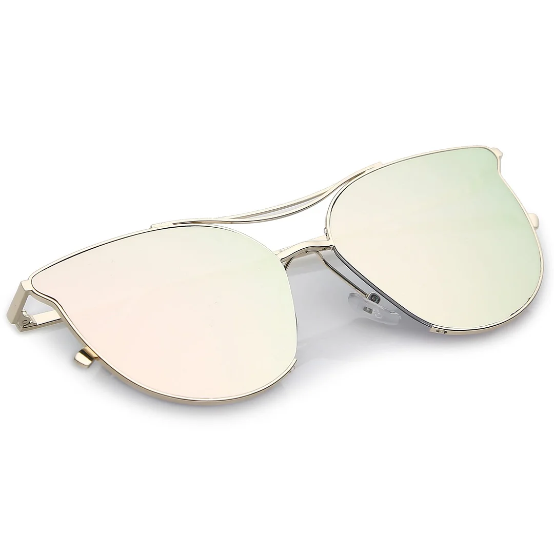 Modern Metal Cat Eye glasses With Double Nose Bridge Round Mirrored Flat Lens 55mm