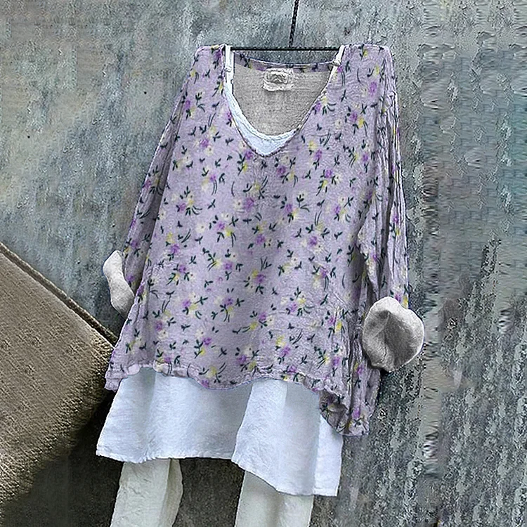 Floral Print V-Neck Long Sleeved Loose Blouse