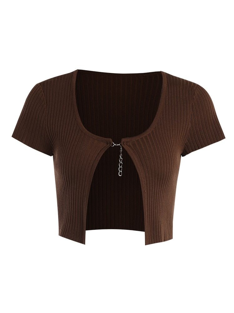 WannaThis Women Chain Solid Cropped Top Hollow Out Sexy Knitted Casual Short Sleeve Square Collar Skinny Streetwear T-shirt 2021