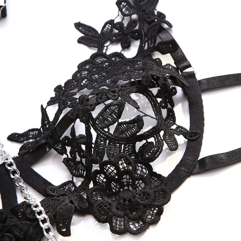 Billionm New Lingerie Set Women Lace Embroidery Floral Underwear Erotic Hollow Out Costumes Black Open Cup Exotic Intimate Clothing