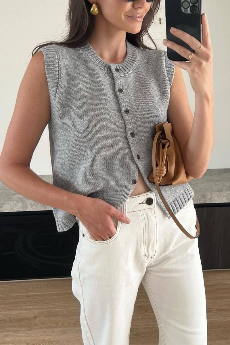 Casual Street Solid Color Buckle O Neck Tops