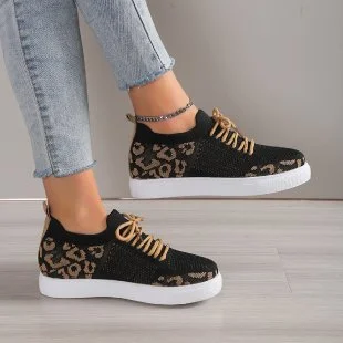 Yyvonne Women 2025 New Leopard Round Head With Flat-Soled Mesh Casual Sports Women's Single Shoes