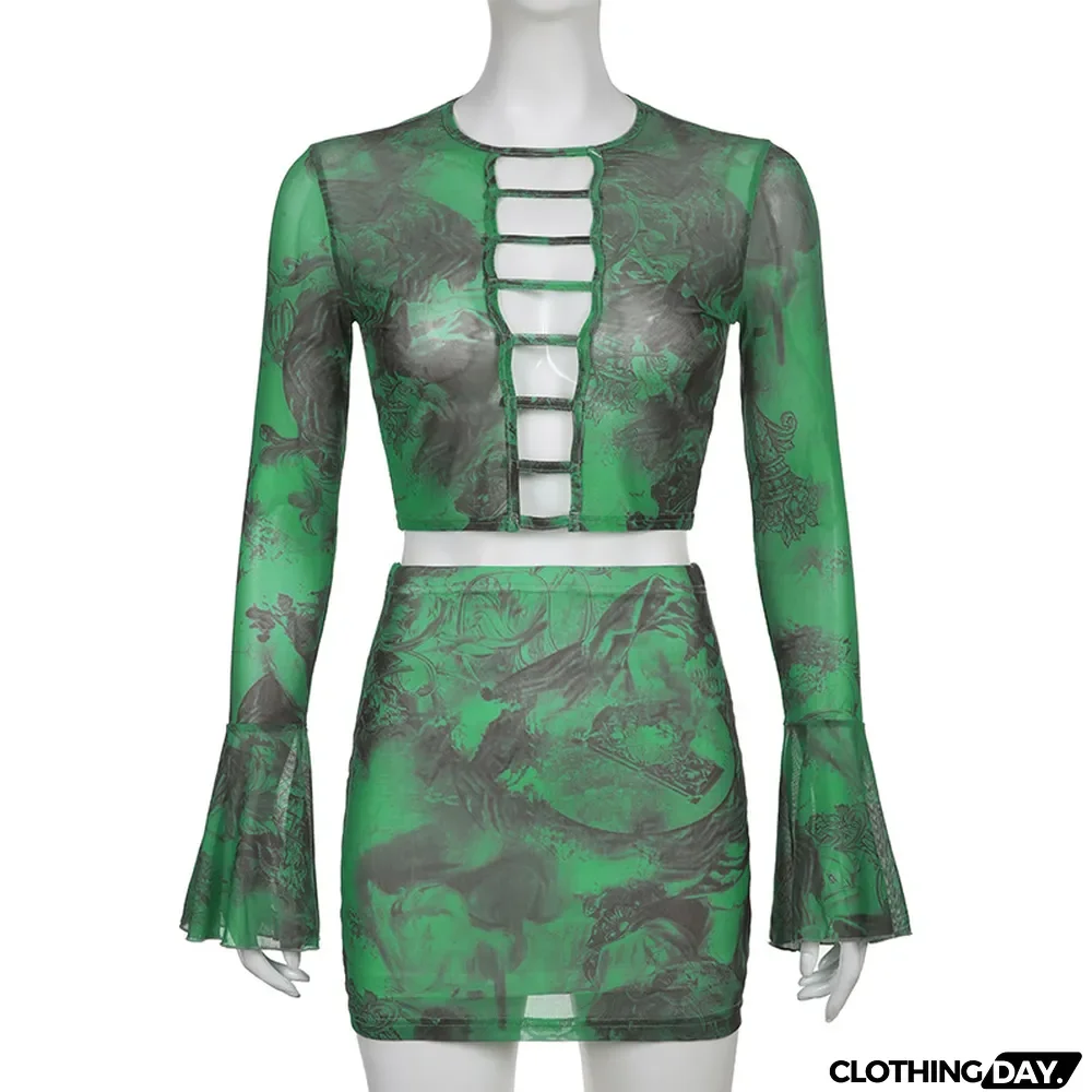 Women Chiffon Print Bell Bottom Sleeve Cutout Top and Bodycon Skirt Two-Piece Set