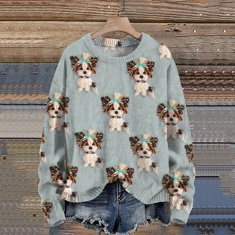 Comstylish Blue Cute Dog Print Knit Pullover Sweater