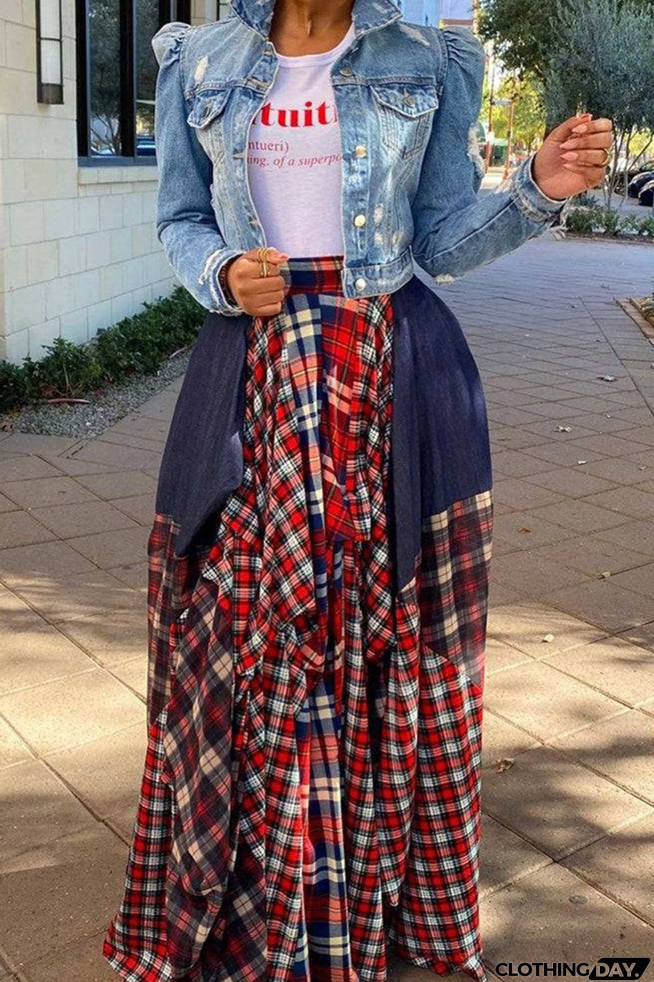 Splicing Plaid Print Skirt