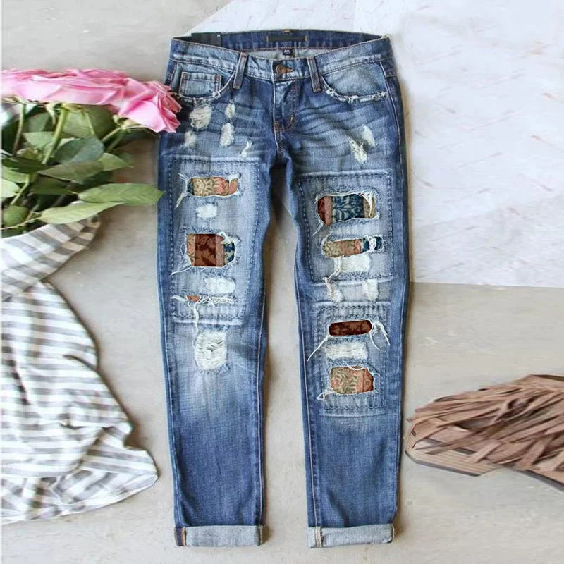 Stretch Ripped Frayed Raw Hem Distressed Denim Jeans with Holes and Pockets Floral, Coffee