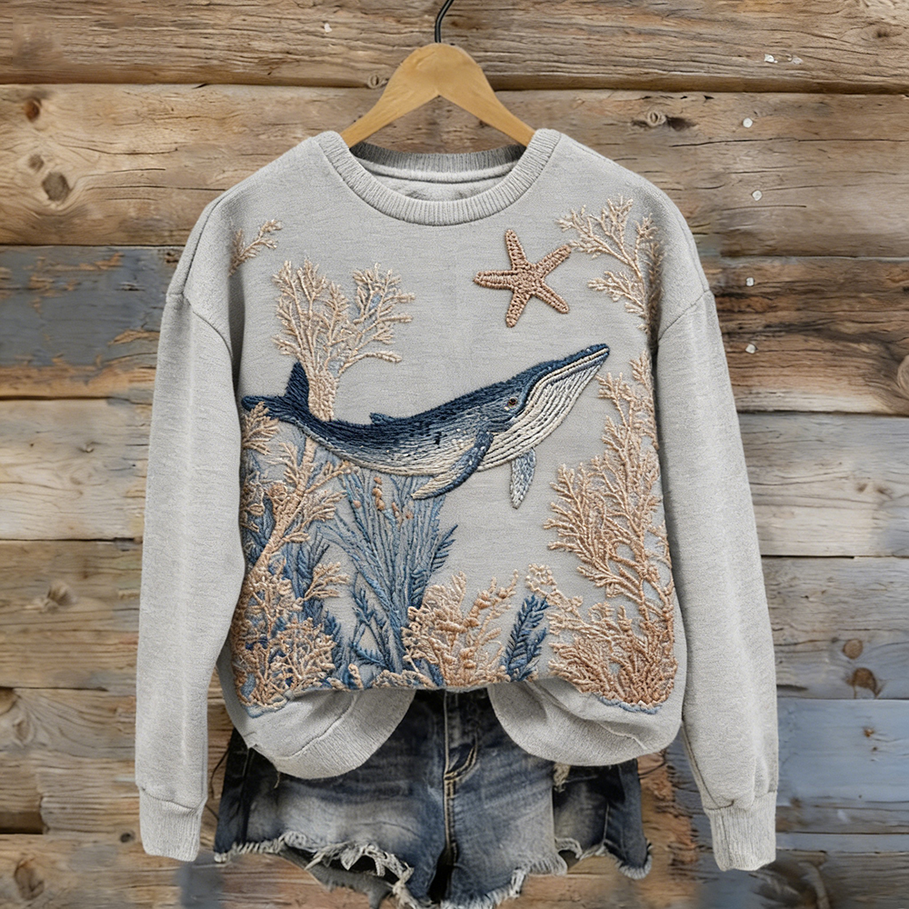 Vintage Ocean Whale Art Pattern Washed Sweatshirt wearshes