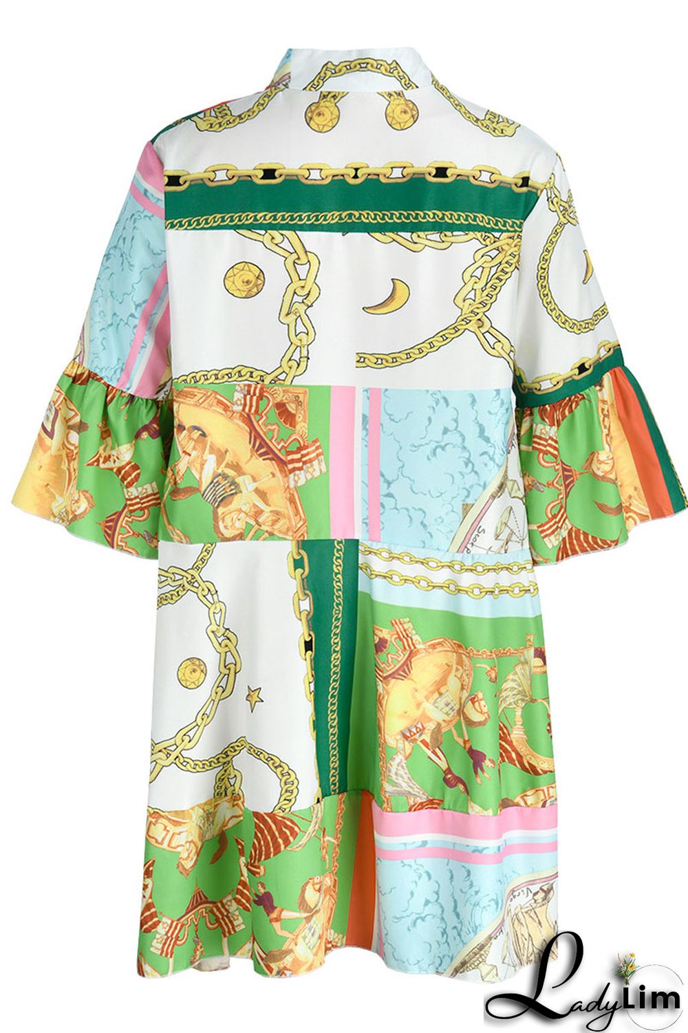 Gold Fashion Casual Print Patchwork V Neck A Line Dresses