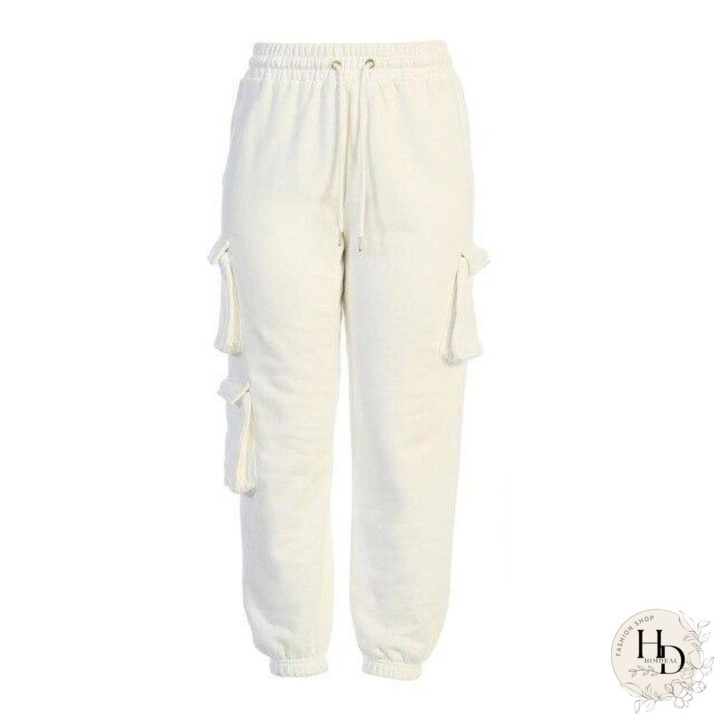 Multi-pocket Sweatpants Women Casual High Elastic Waist Drawstring