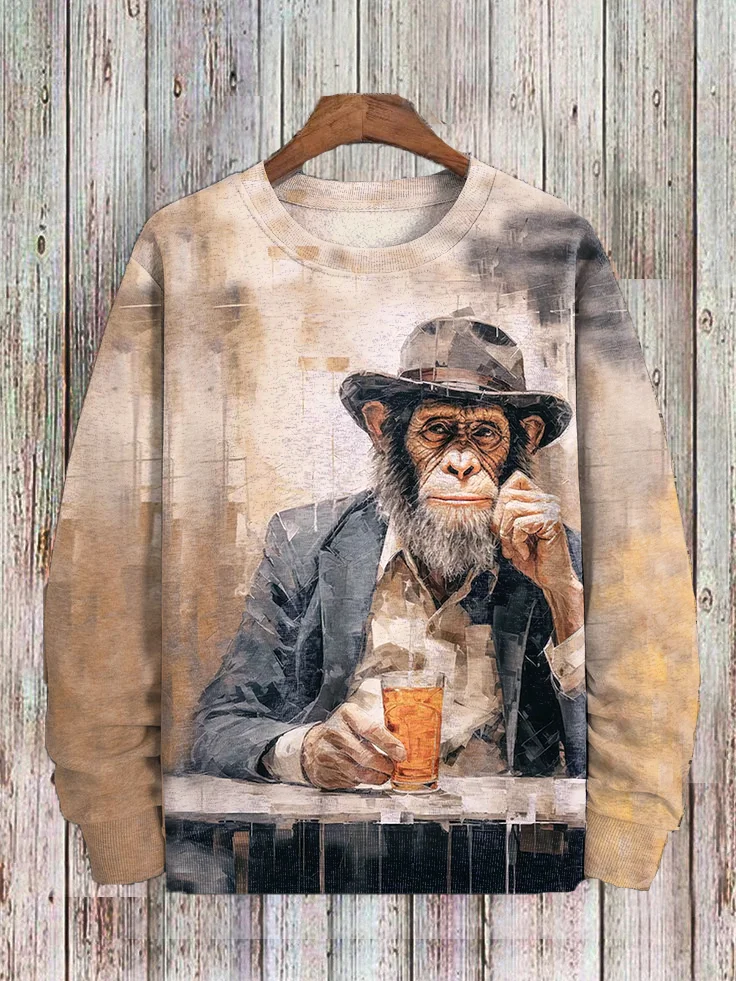 Men's Vintage Monkey Gentleman Drink Oil Painting Sweatshirt