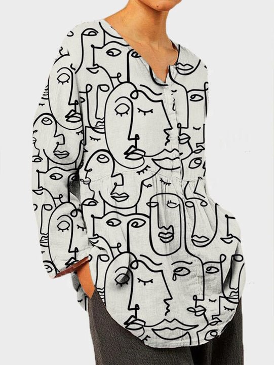 Pattern Print Long Sleeve Linen Casual Blouse [Pre Order]