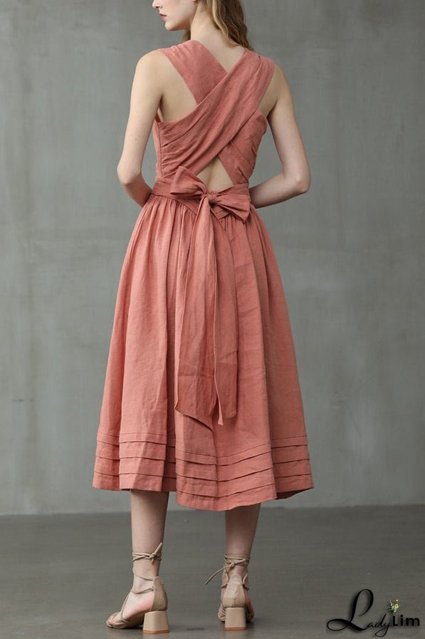 Cross Back O Neck Maxi Linen Dress