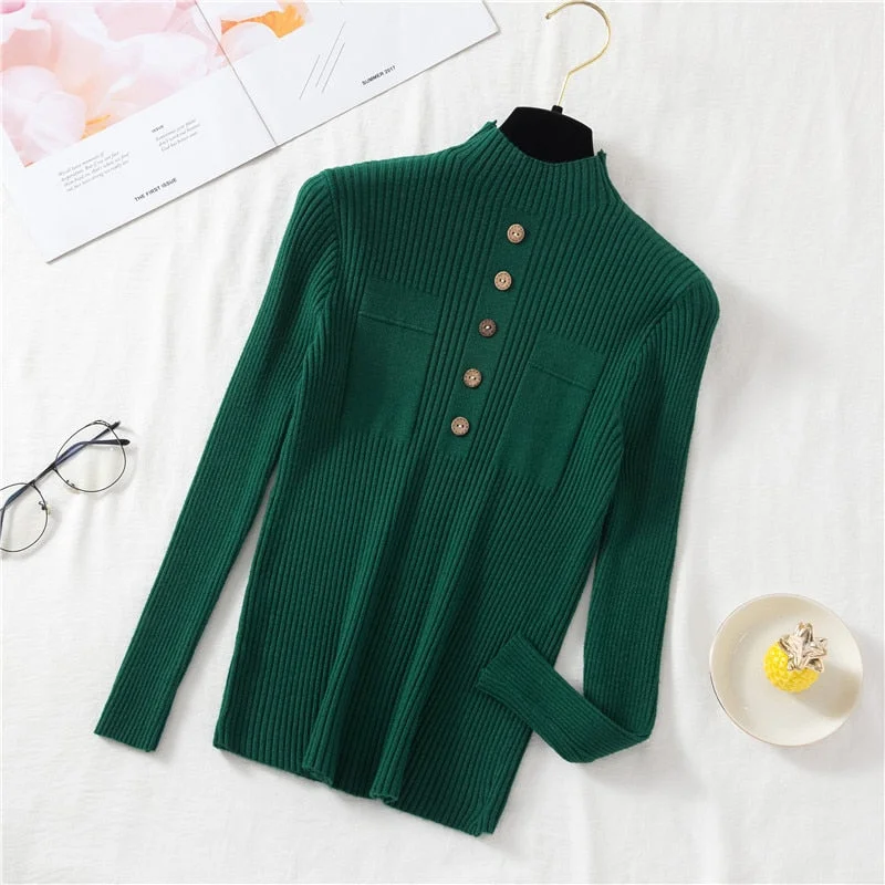 Zoki Pullover Women Sweater Autumn Knitted Button Long Sleeve Half Turtleneck Female Jumper Elastic Korean Fashion Blouse Top