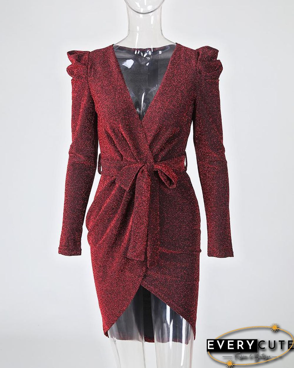 Shiny Ruched Tie Waist Wrap Irregular Dress P14744