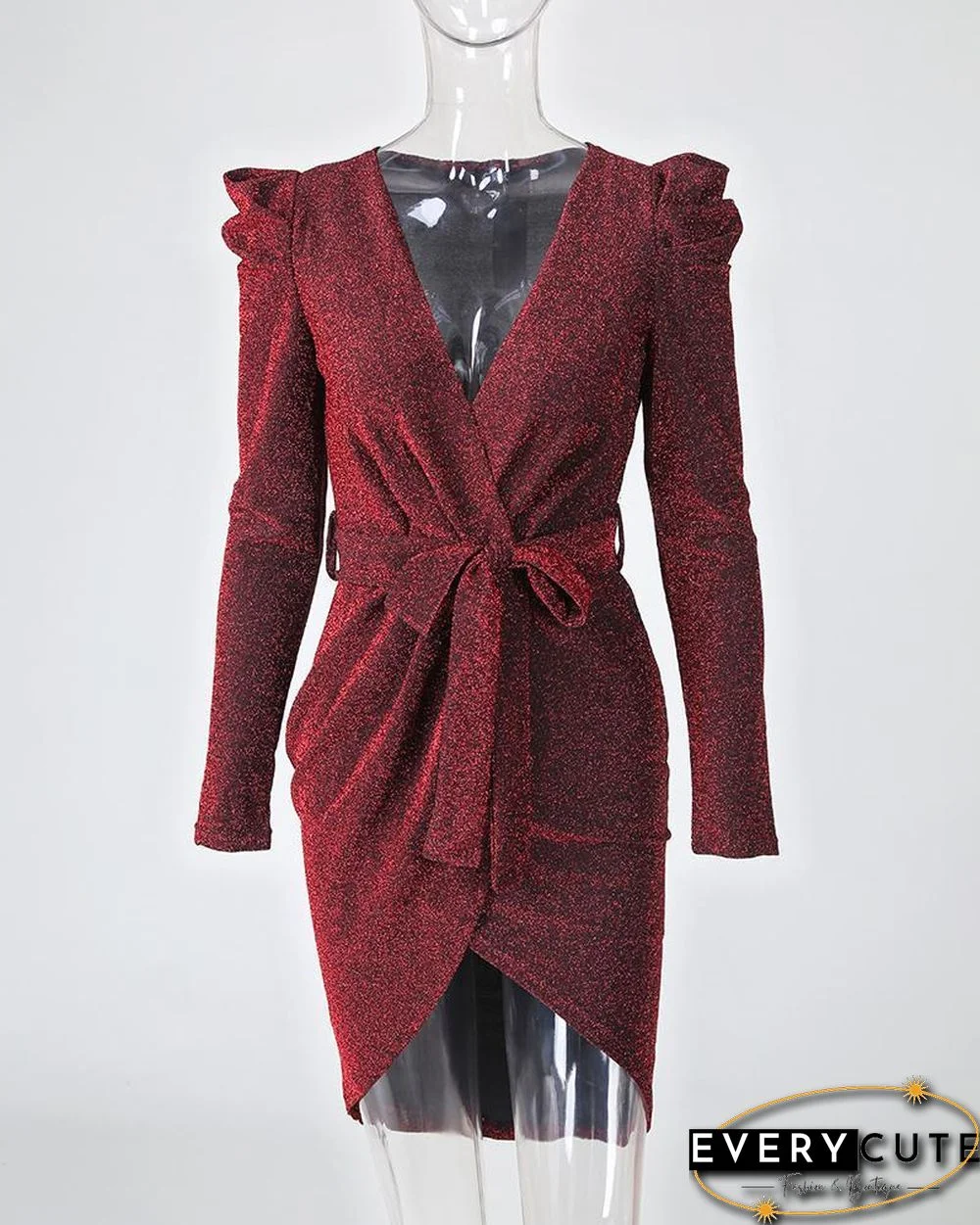 Shiny Ruched Tie Waist Wrap Irregular Dress P14744