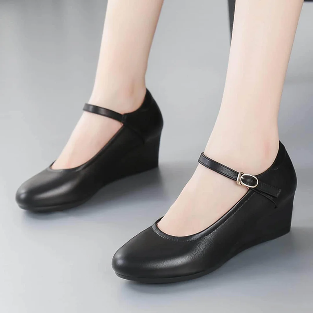 Women's Black Vegan Leather Round Toe Buckle Vamp Strap Wedge Pumps