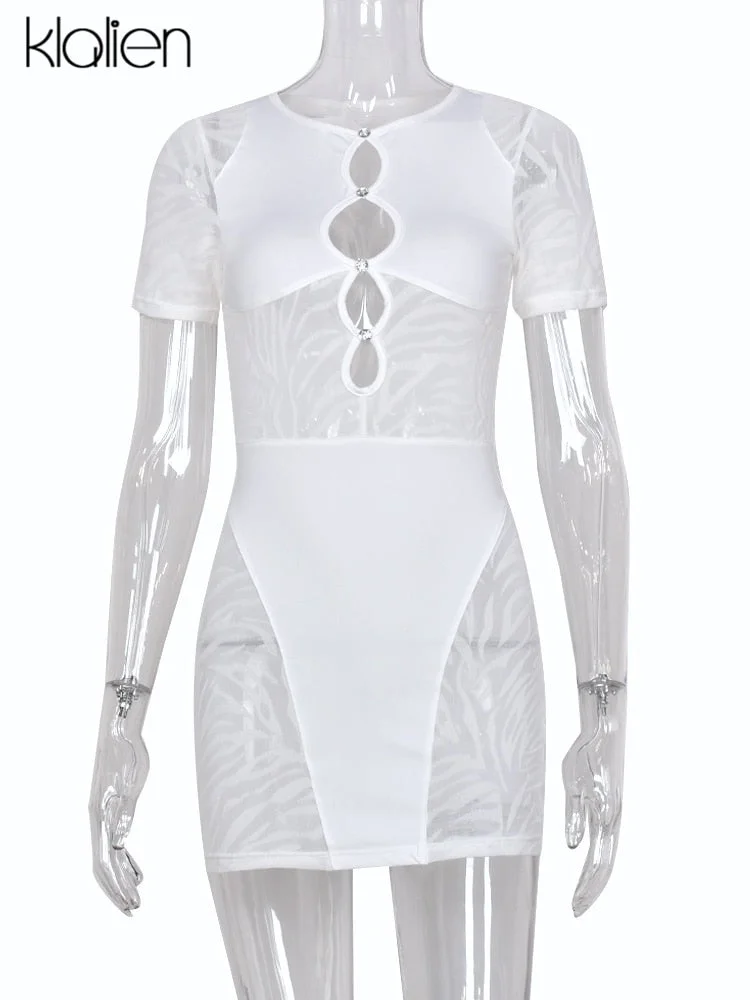 KLALIEN Cut Out Sexy Zebra Mesh Transparent Women's Mini Dress for Beach Holiday Night Club Party Bodycon Pencil Short Dresses