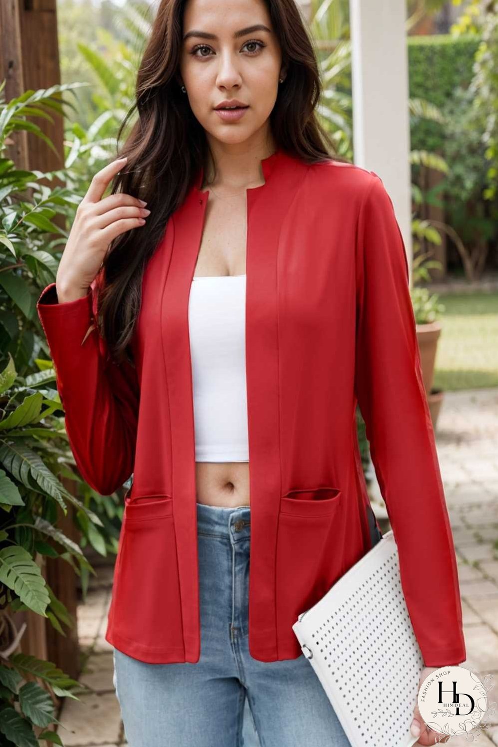 solid long sleeves pockets open front versatile blazer