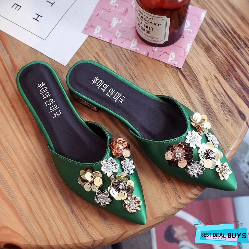 Women Half Slippers Floral Sequined Rhinestone Flats Sandals Mules