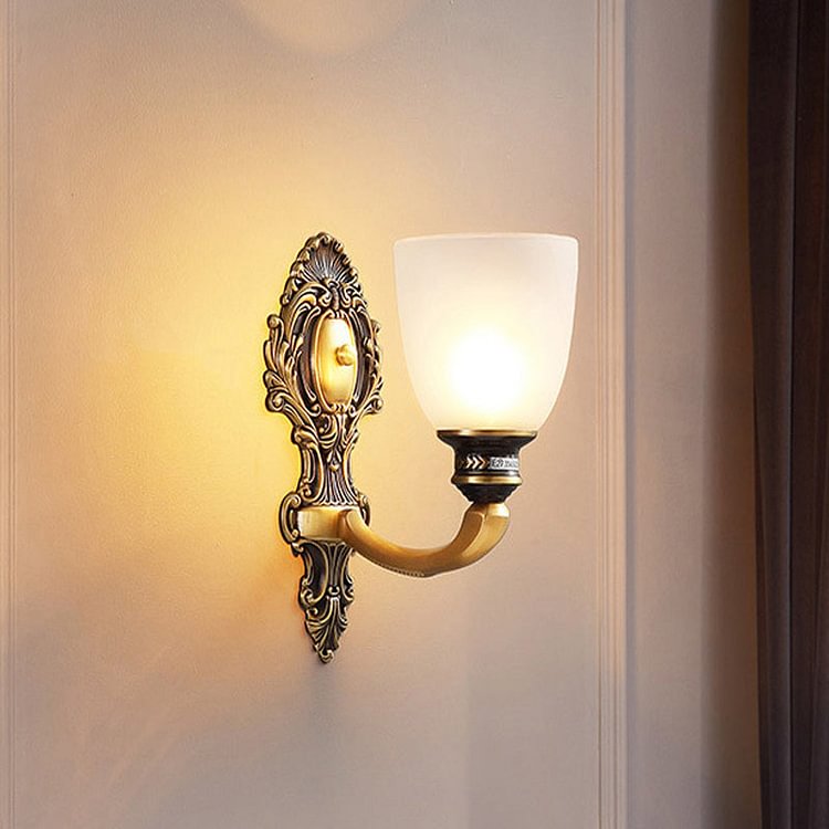 Dome Frosted Glass Wall Mount Light Fixture Classic Style 1/2 Heads Bedroom Sconce Lighting in Brass