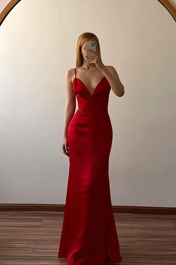 Daisda Red Sleeveless Spaghetti Straps V-Neck Mermaid Prom Dress