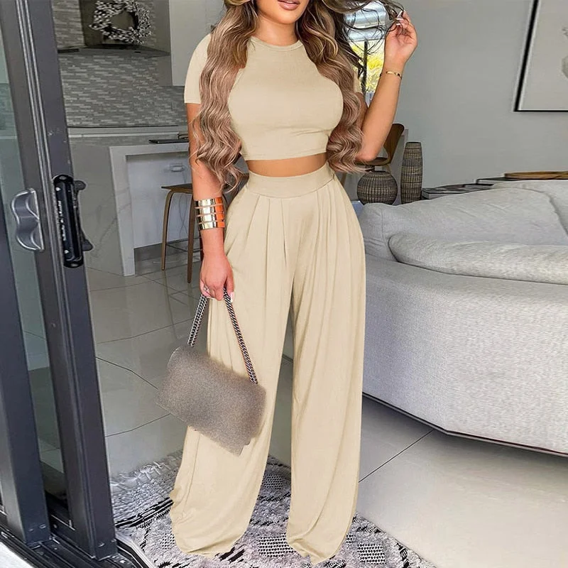 Summer Elegant Women Two Piece Set Fashion O-Neck Slim Tops And Wide Leg Pants Suits For Ladies Casual Floral Print Chic Outfits