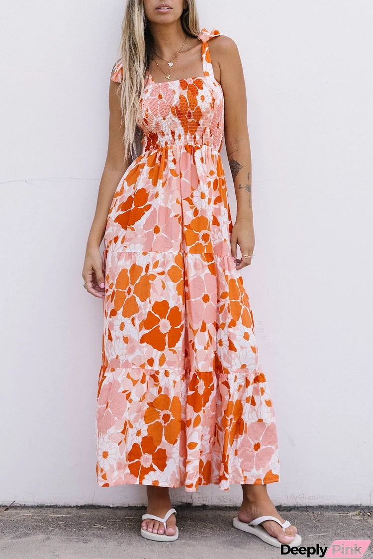 Floral Tie-Shoulder Smocked Maxi Dress