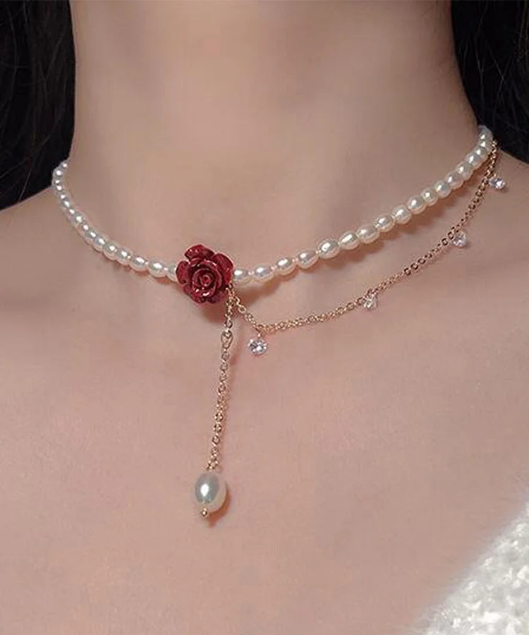 Style Red Sterling Silver Overgild Pearl Rose Pendant Necklace