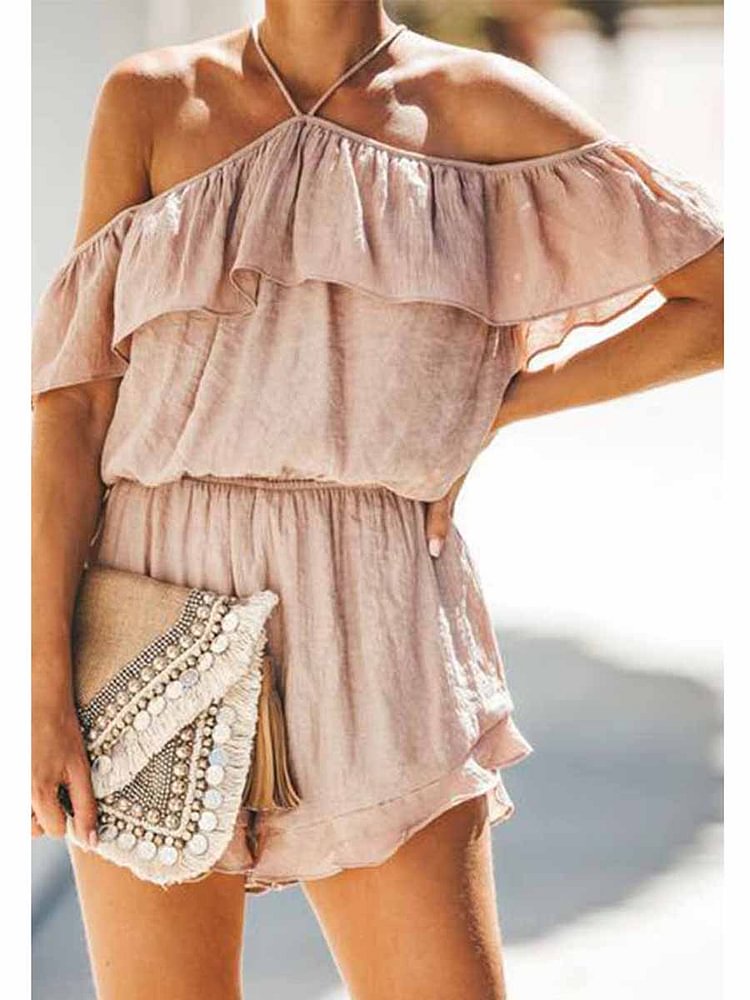 Solid Color Cotton Sling Ruffled Backless Jumpsuit