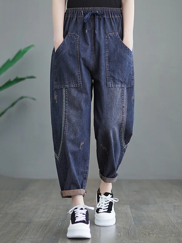 Vintage Loose Denim Embroidered Harem Jean Pants