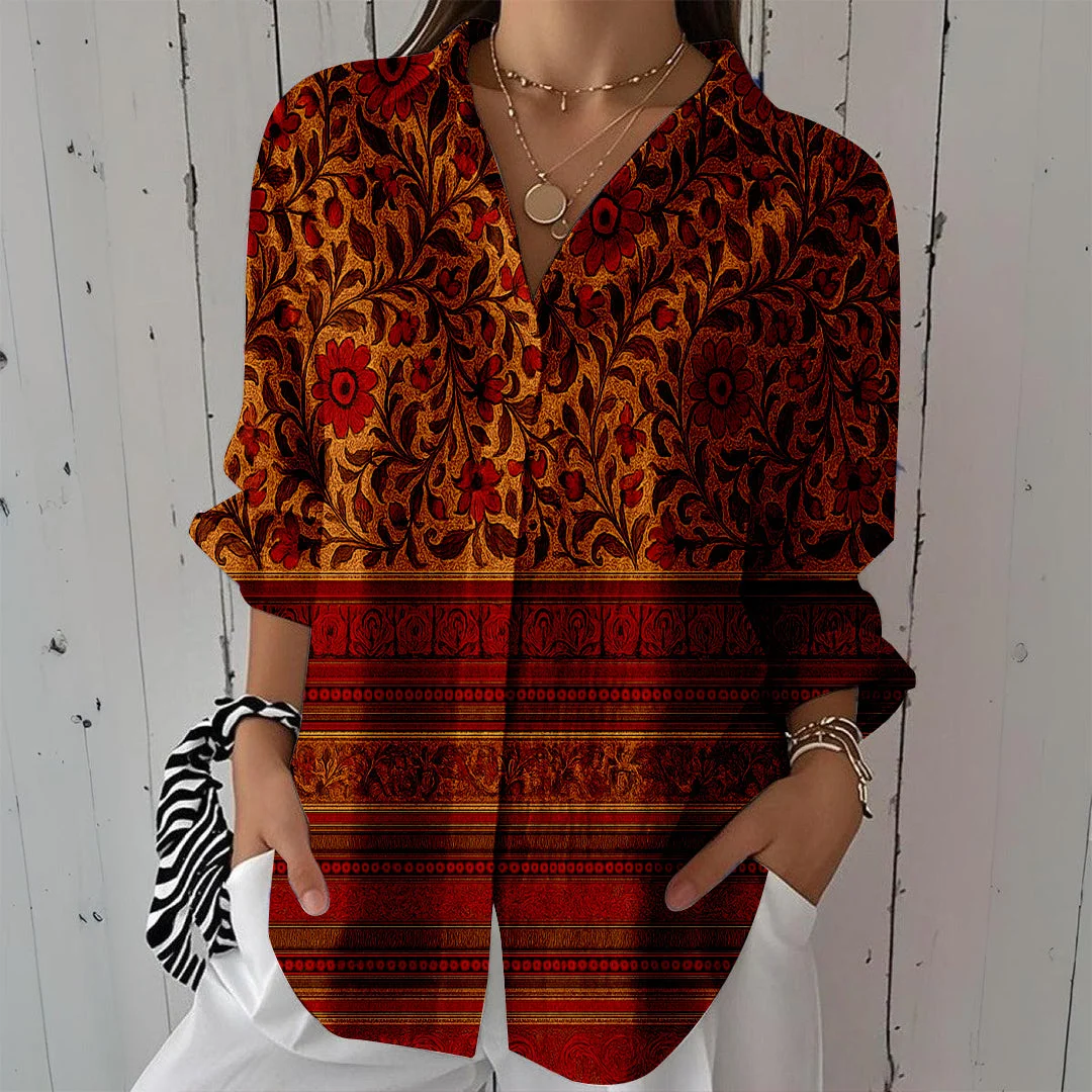Style & Comfort for Mature Women Women Bohemian,Orange,Red DZCL0322 3/4 Sleeve Shirt Collar Printed Button Tops